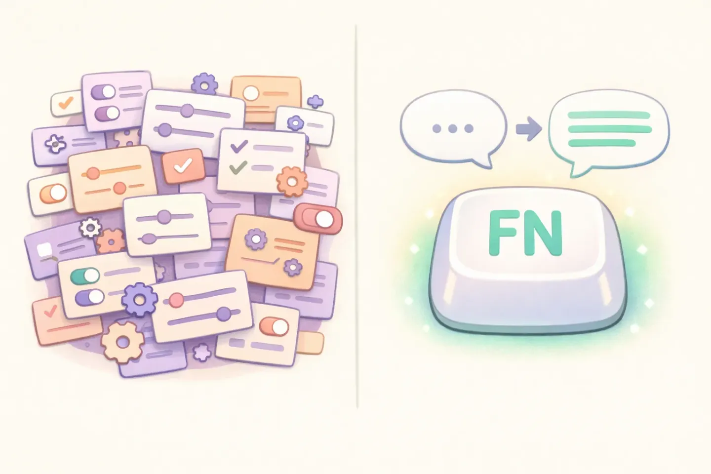 Side-by-side illustration of SuperWhisper's settings panel full of model and prompt options versus Voicr's single FN-hold gesture with polished output